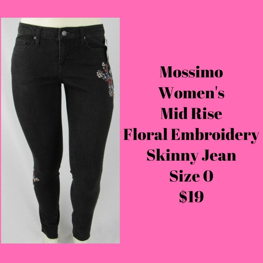 Floral Embroidered Skinny Jeans Frayed Hem